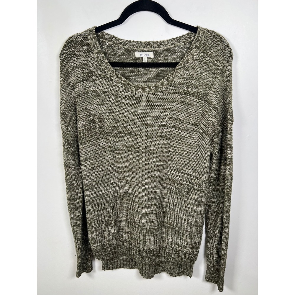 Mudd Y2K Green Cozy Cabin Cotton Knit Sweater Pullover Scoop Neck Slit Hem M
